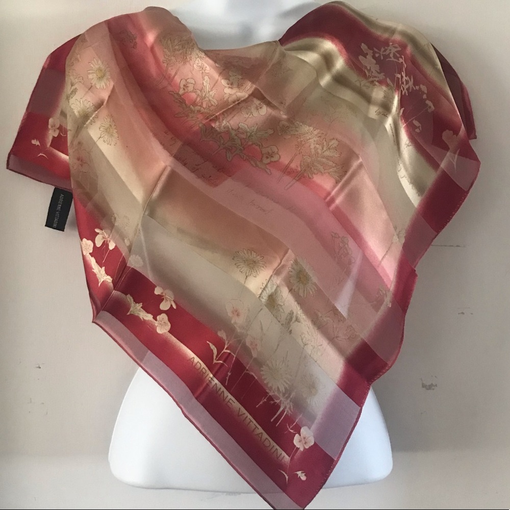 Adrienne Vittadini Red Pink and Gold Floral Silk Scarf